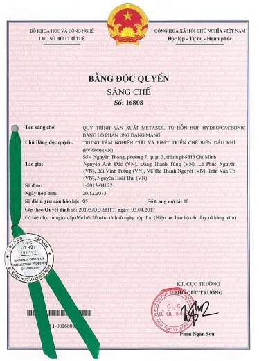 Cục Sở hữu trí tuệ cấp bằng độc quyền sáng chế cho Quy trình sản xuất Metanol